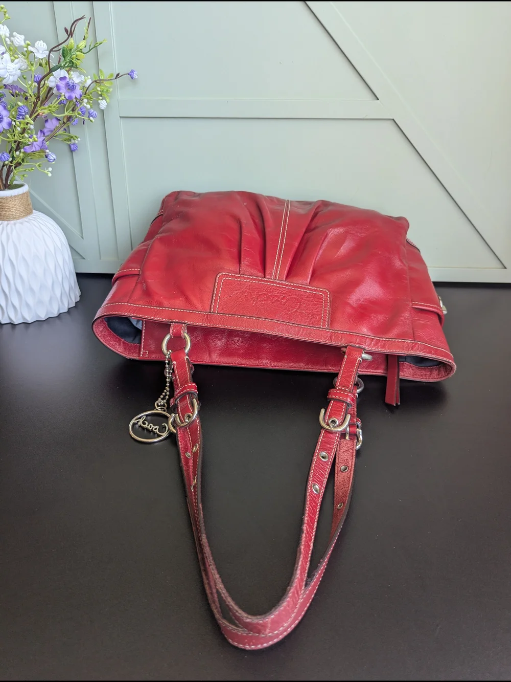 Coach Red Leather Shoulder Tote with Charm